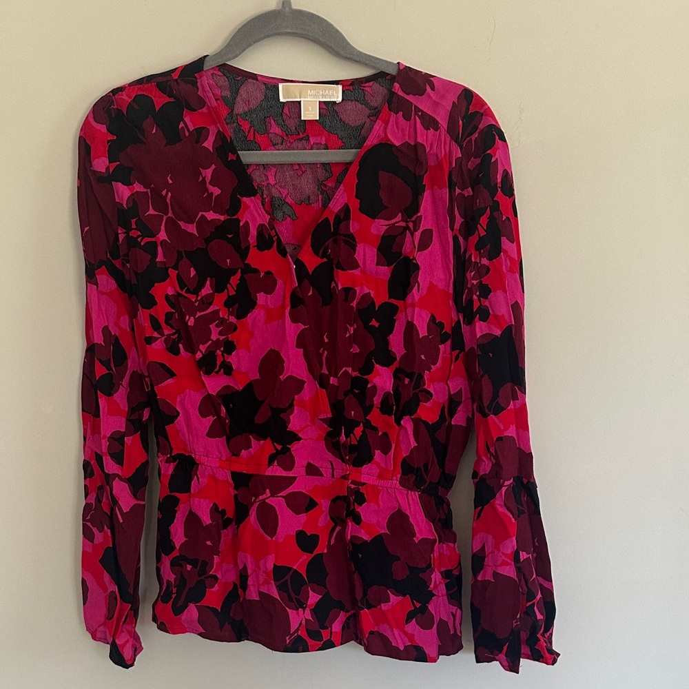 Michael Kors Fuchsia and Black Floral Wrap-Style Blouse